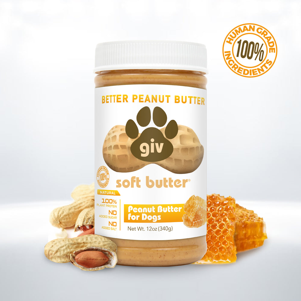 Jar of all natural human grade dog peanut butter with only 2 ingredients, peanuts and honey.