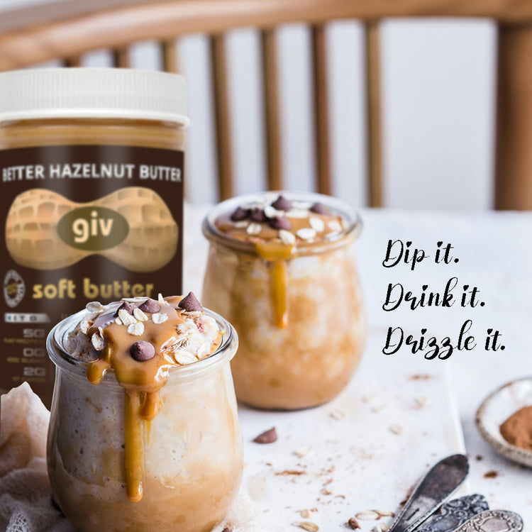 Photo of versatile giv soft butter decadent hazelnut spread which can be drizzled on fruit, smoothies or oatmeal. No added sugar hazelnut spread that is low carb and delicious.