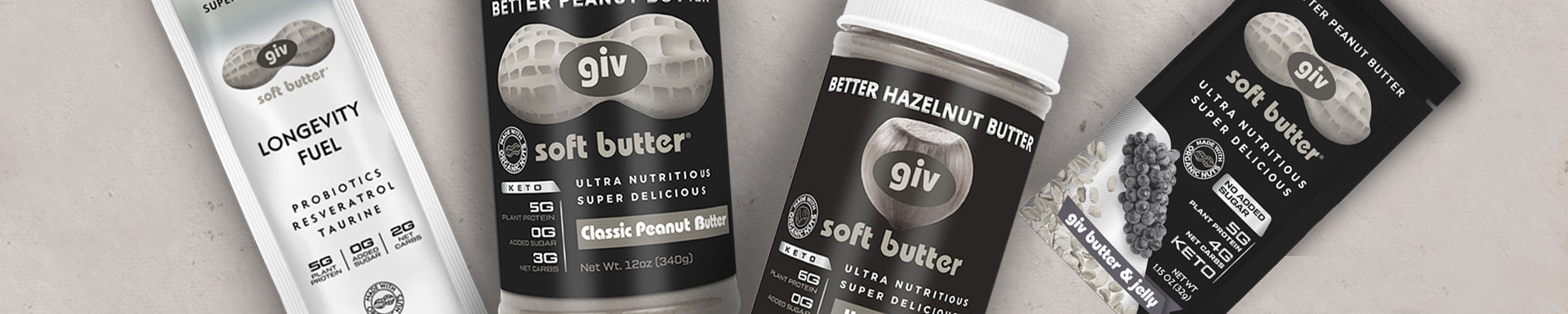 Photos of jars of giv soft butter organic peanut butter, keto peanut butter and glp-1 friendly and diabetic friendly peanut butter in jars and pouches that contain probiotics and MCT oil.