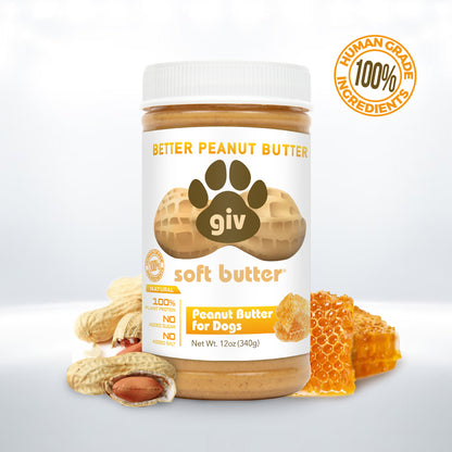 Jar of all natural human grade dog peanut butter with only 2 ingredients, peanuts and honey.