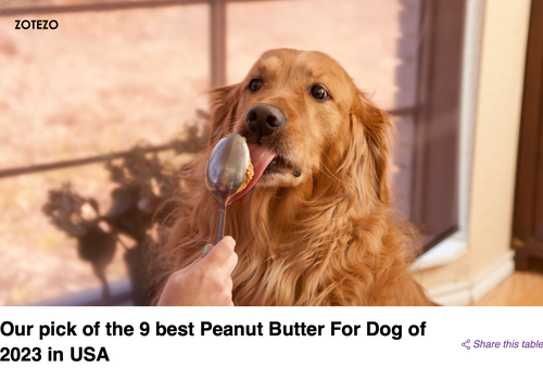 Photo of dog with jar of giv dog safe peanut butter human grade all natural dog peanut butter no xylitol only 2 ingredients peanuts and honey fiber vitamins minerals healthy fats no salt no added sugar