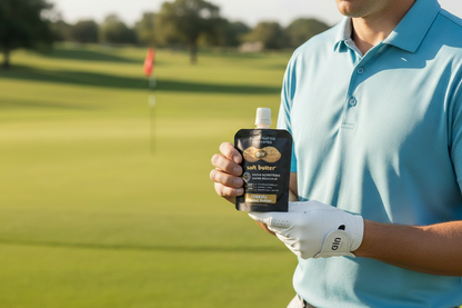 Golfer with white glove holding Giv Soft Butter pouch on golf course